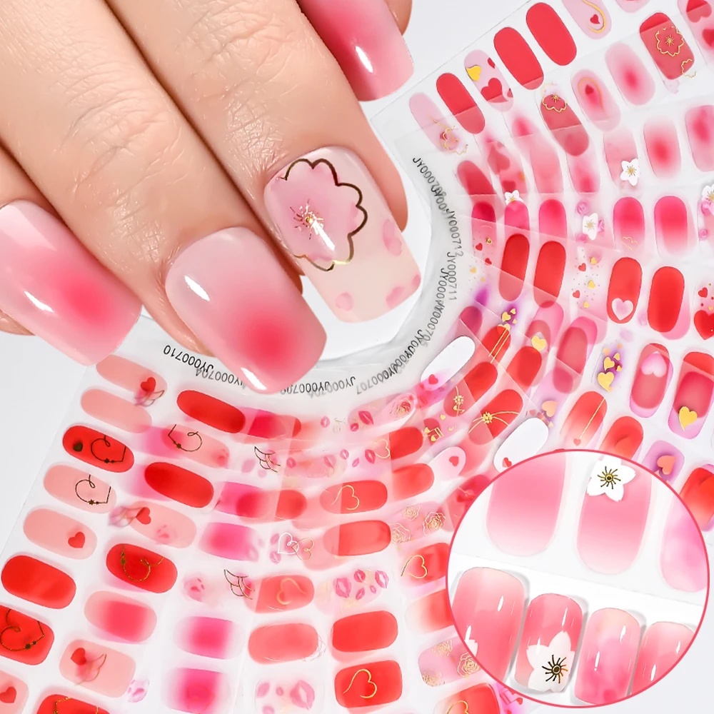 1sheets Gradient Blusher Pink Peach Blossom Nail Polish Strips Stickers Full Cover Nail Patch Of Heart Rose Flower DIY Valentine
