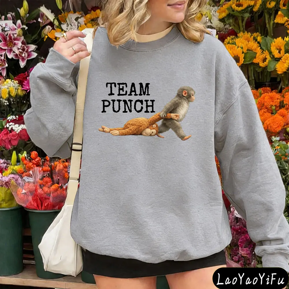 2026 Team Punch Monkey Sweatshirt Women Men Funny Monkey Pulling Toy Graphic Pullover Cute Animal Lover Gift Cozy Tops Clothes