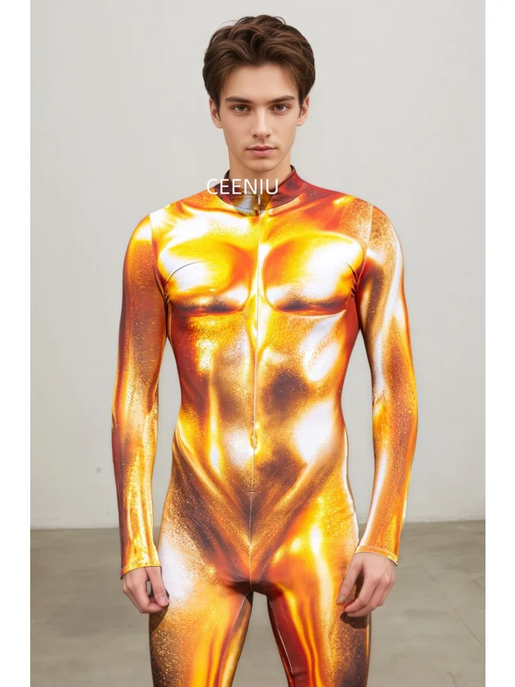 Men's Green Lightning 3D Print Jumpsuit Mechanical Armor Cosplay Bodysuit Hoilday Party Stage Cool Superhero Performance Costume