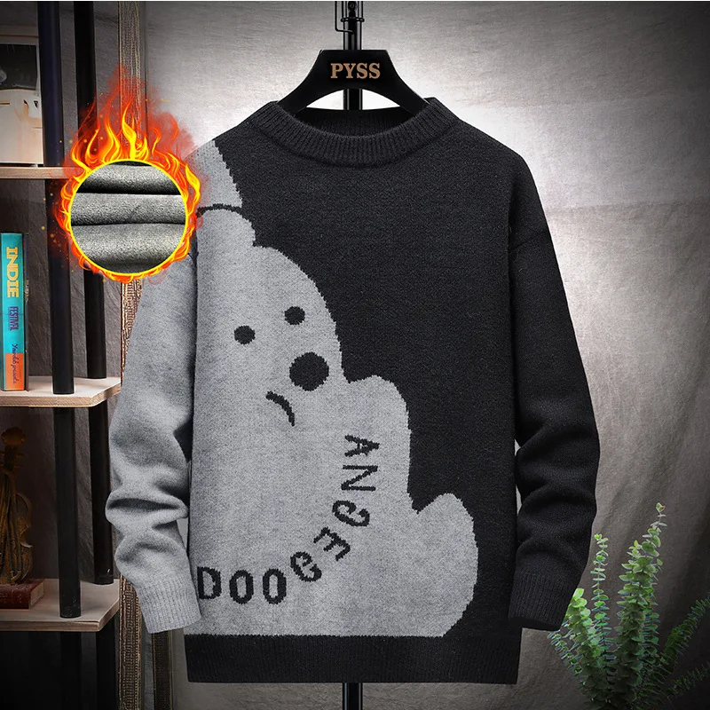 

Men's Thiened Fce Lined Knitted Sweater Winter Lazy Sle Bear Pattern Casual Streetwear plus Size High Collar Nine Sve