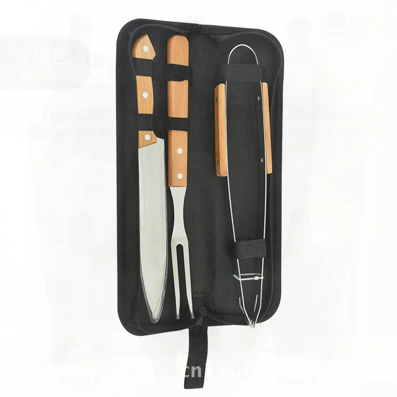 

4-Piece Stainless Steel Wooden BBQ Grilling Tool Set - Knife Tongs Fork Spatula - Modern Minimalist Kitchen Accessories