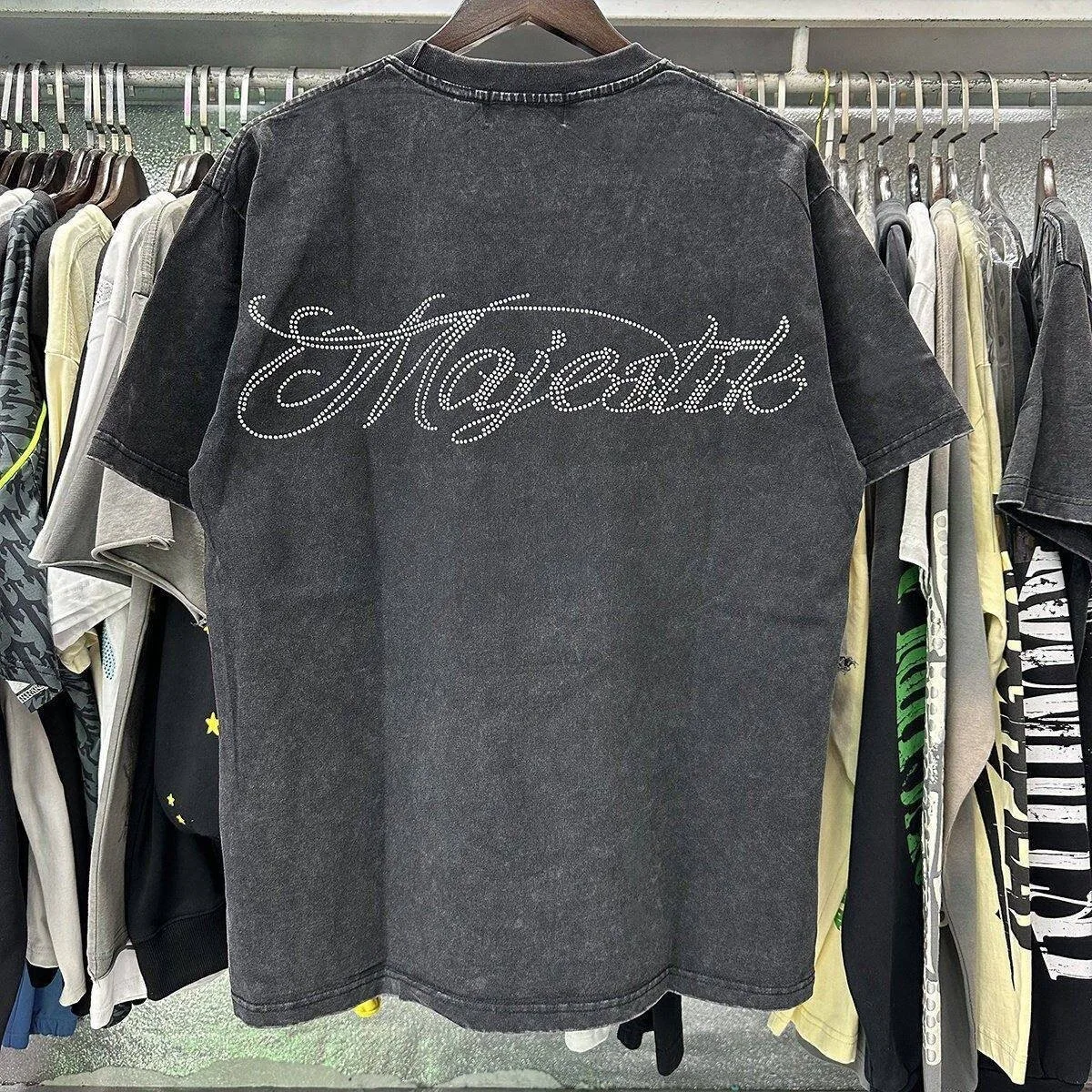 MAJESTIK Trendy Dog Print Washed Vintage Stained Diamond Design Loose Short-Sleeved T-shirt