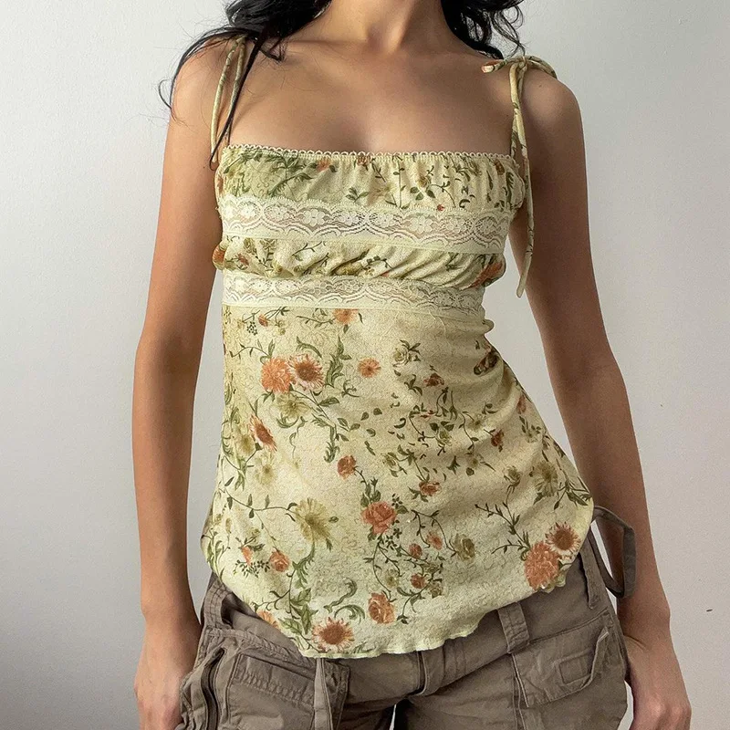 Summer Women Floral Printed Camisole Lace Spliced Crop Tops Ladies Lace-up Straps Camis Female Sexy Sleeveless Backless Vests