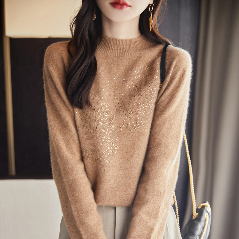 Twig Hot Drilling Wool Sweater Women\'s Loose Half Turtleneck Pullover Spring and Autumn Basic Style Simple Bottoming Knit Top