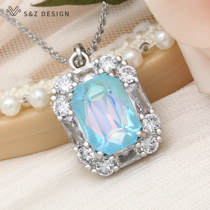 S&Z DESIGN New Fashion Rectangle Crystal Pendant Necklace For Women 585 Rose Gold Color Wedding Cubic Zirconia Jewelry Gift