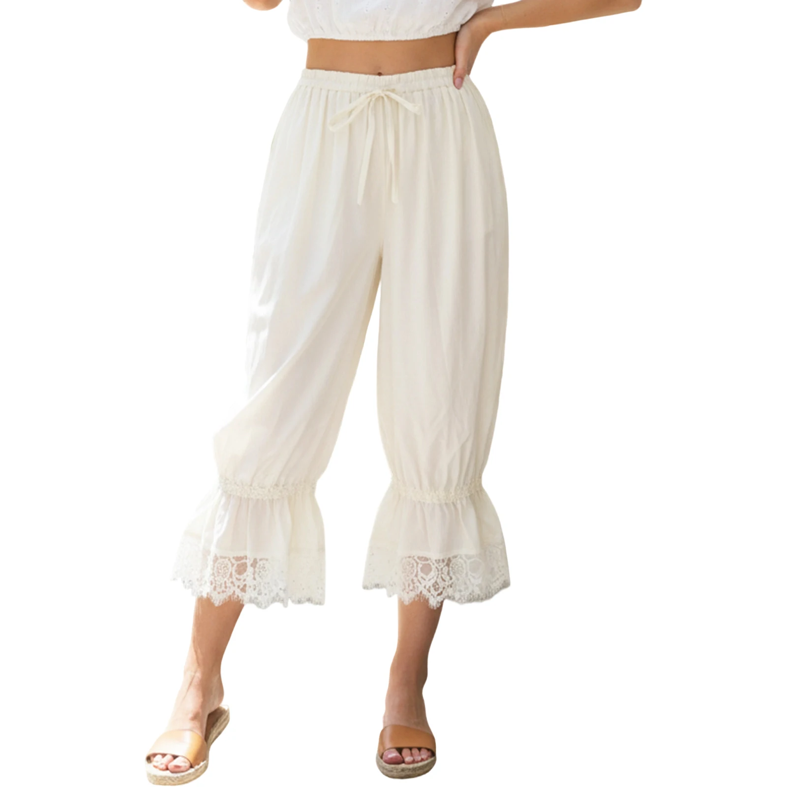 

Женские весенне-летние капри, свободные широкие шаровары с кружевной отделкой и шнурком