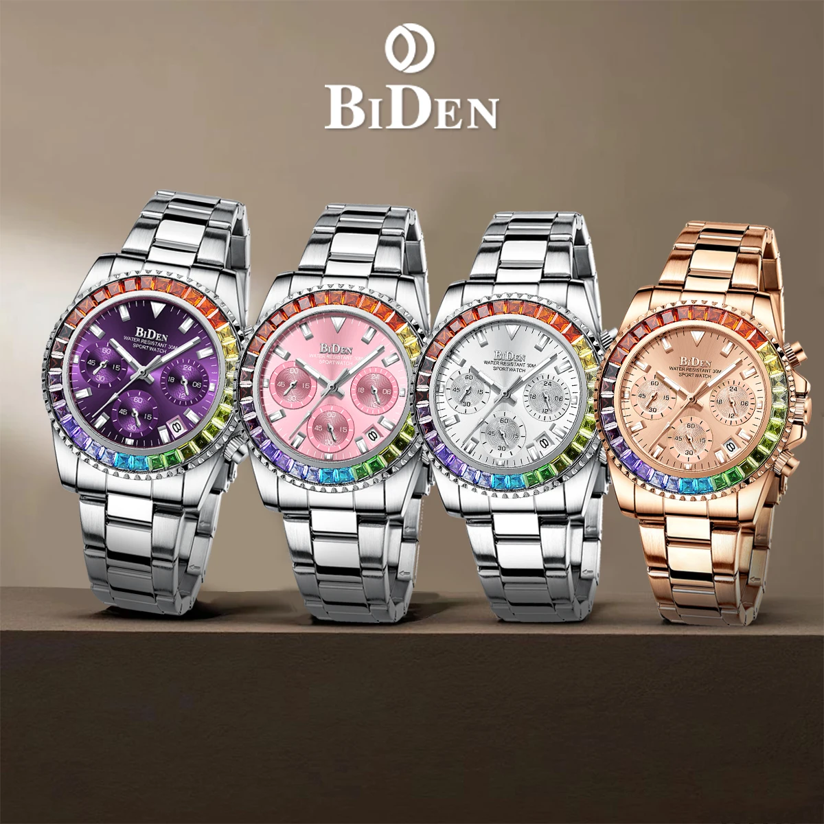 BIDEN Women's Watch Multi functional Chronograph Women's Fashion Business Waterproof Quartz Watch Night Light Date Clock