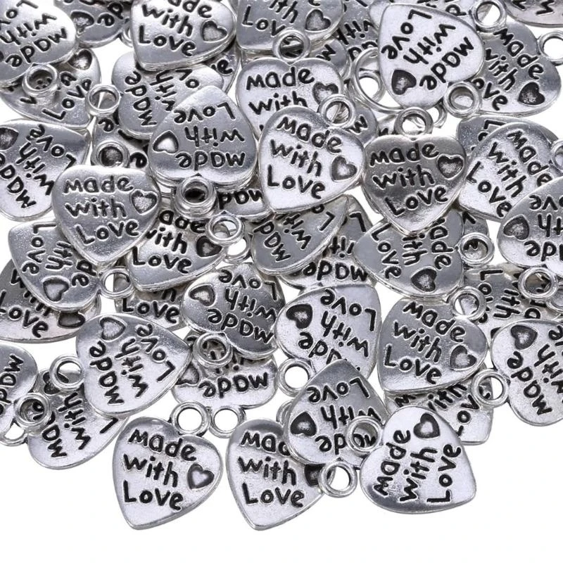 Heart Charm Handmade Printed Made with Loves Labels DIY Craft Necklace Bracelets Keychain Jewelry Making Findings