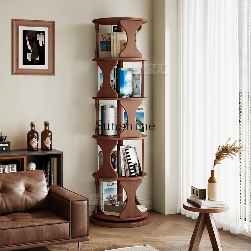 

Retro solid wood rotating bookshelf creative 360 living room study picture book mobile floor storage
