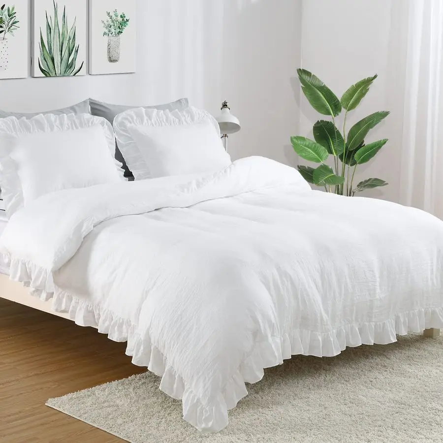 

White Ruffle Duvet Cover Queen Size, 3PCS Soft Washed Microfiber Vintage French Country Duvet Cover Set for Queen Bed, White, 90