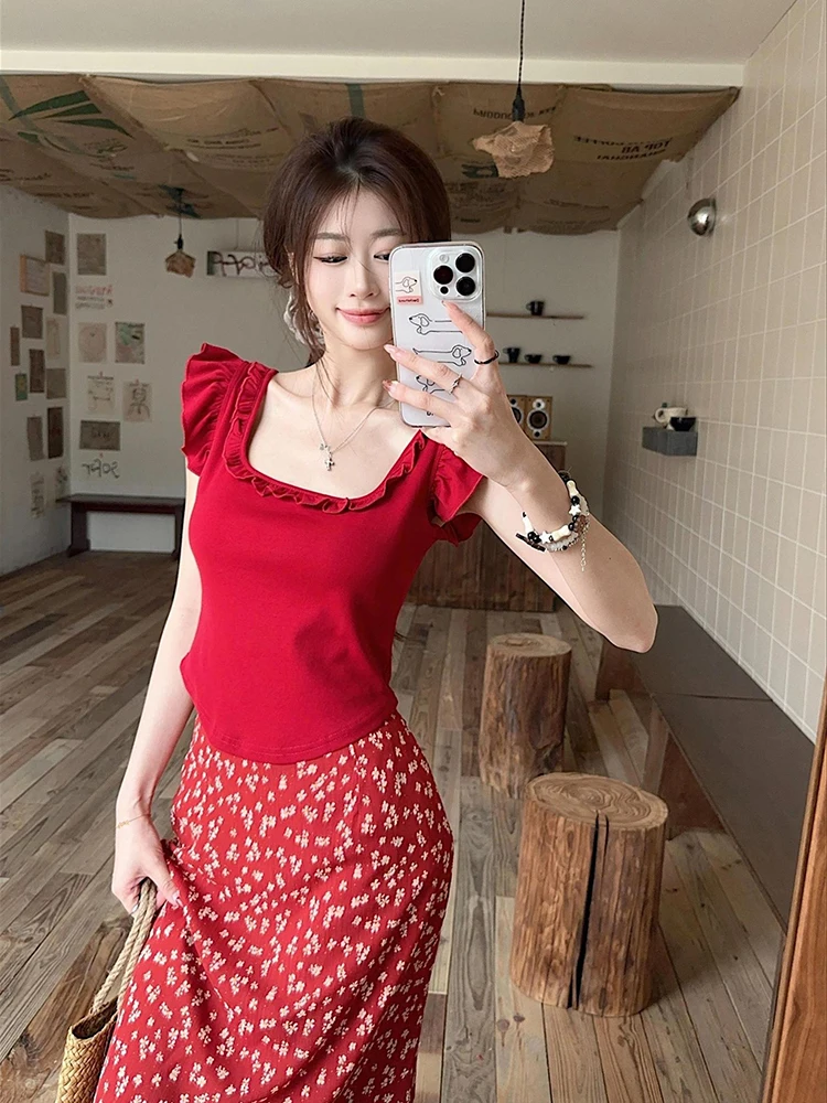 Women 2025 Summer New Sweet and Spicy Girl Red Little Flying Sleeve Slimming T-shirt Hip Wrapping Fish Tail Floral Half Skirt