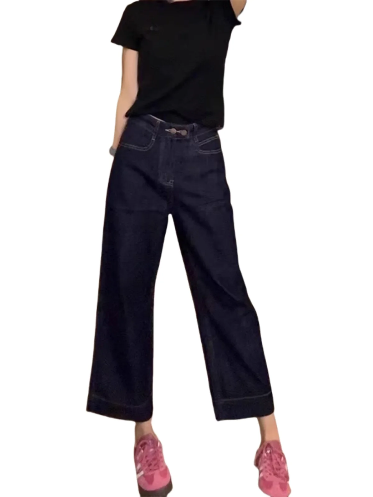 plus Size Deep Blue High Waist Straight Leg Denim Jeans Women's Autumn Pear ape Slimming Wide Leg Pants Casual Trousers