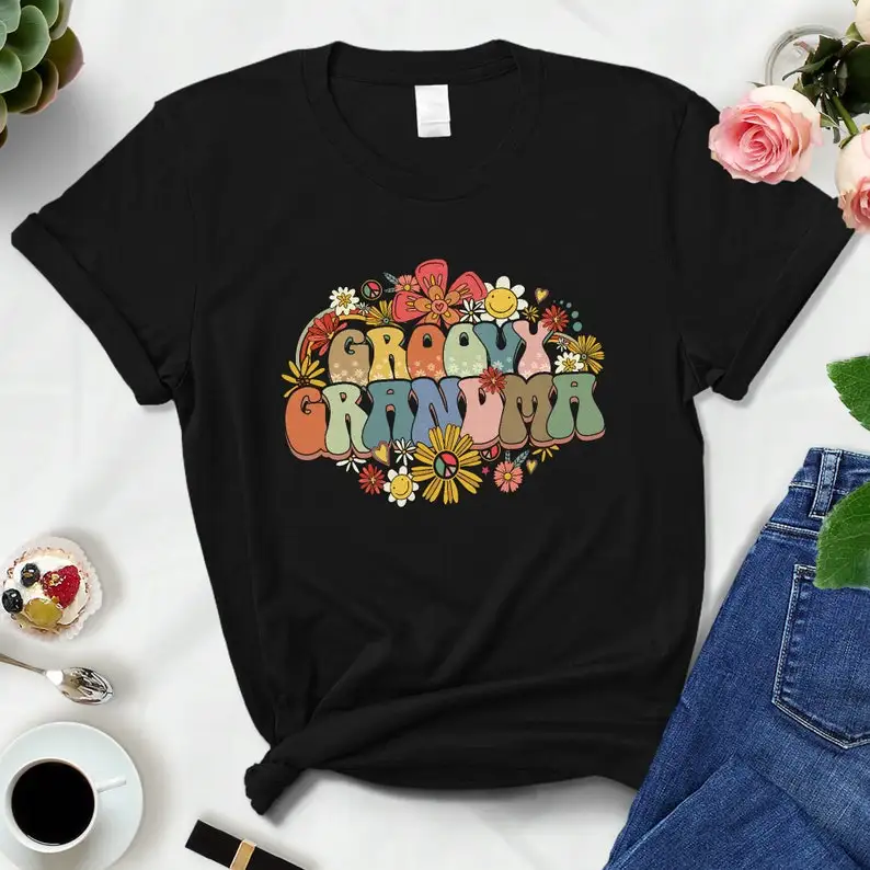 Personalized Grandma T-Shirt For Women, Peace Sign Grandma Squad Flowers Custom Nickname  Vintage Birthday 100% Cotton y2k Shirt