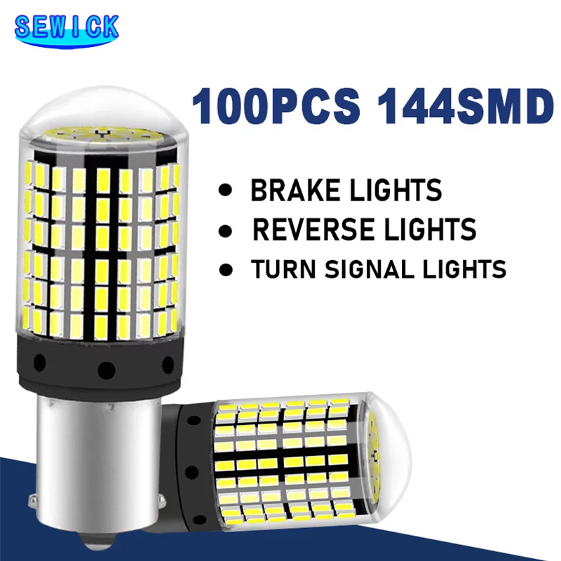 

100Pcs Car LED Bulbs 1156 BA15S P21W BAU15S PY21W 1157 BAY15D 7440 7443 3156 3157 144SMD CanBus Lamp Reverse Turn Signal Light