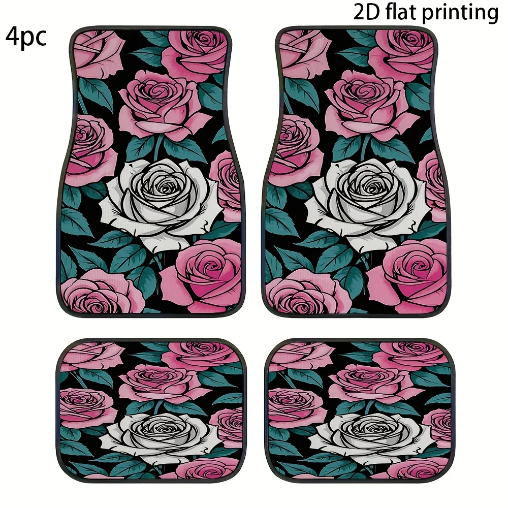 4pcs Car Floor Mats, Rose Bush Black Background Pattern, Universal Fit Material Easy To Clean Washable All-Season Use For Front