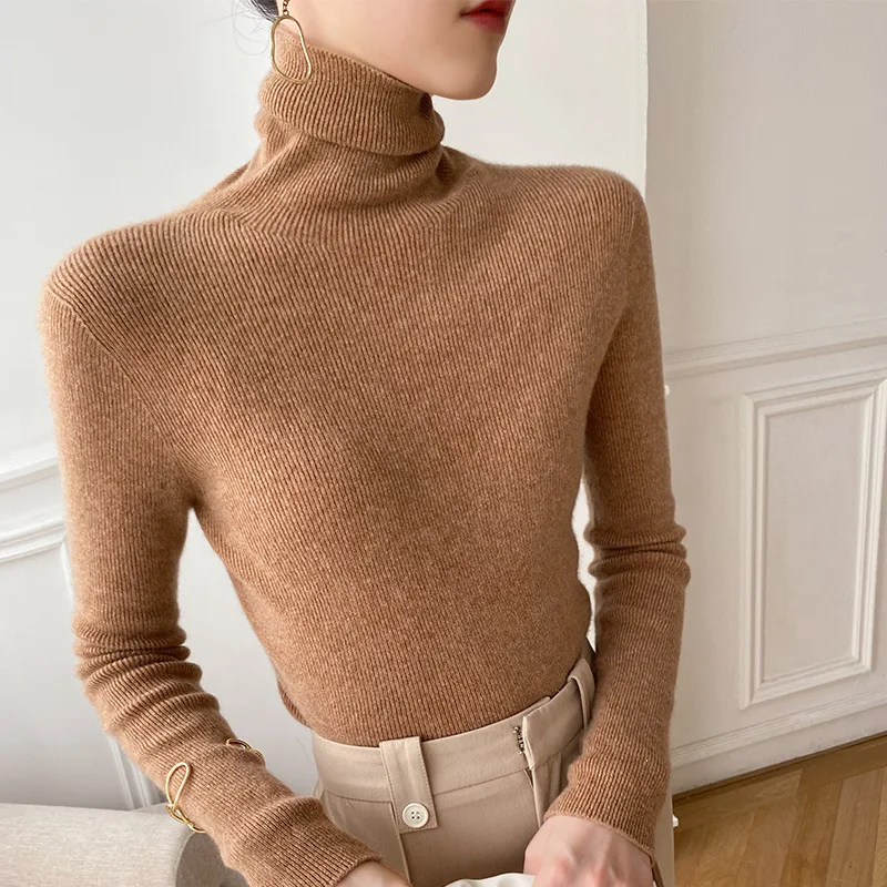 Women Sweater Winter Cashmere Turtleneck Warm Knitwear Korean Casual Solid Bottoming Shirt Fashion Knit Pullovers Brown Sweater