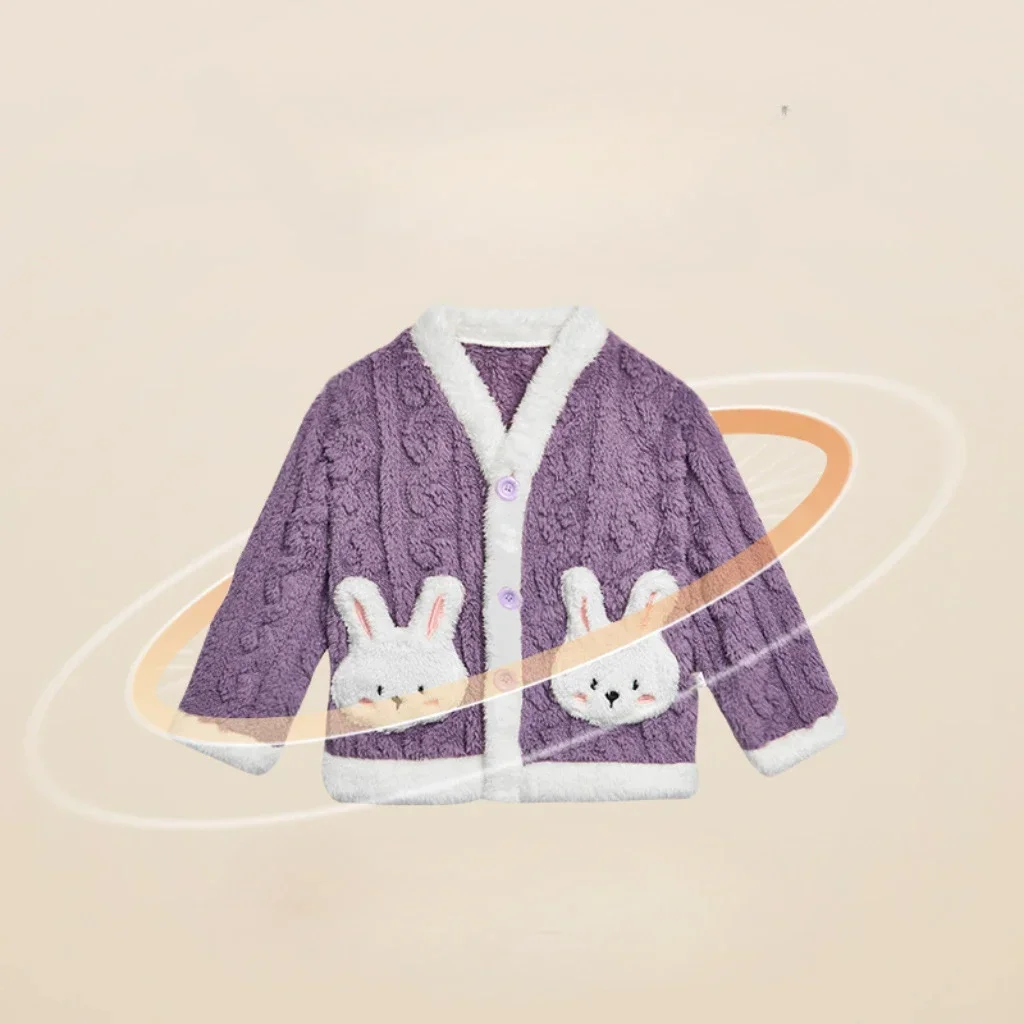 Children\'s Clothing Sets Bunny Pocket Flannel Pajama Set Coral Velvet Homewear Set for Children Boys Girls Clothes Sets