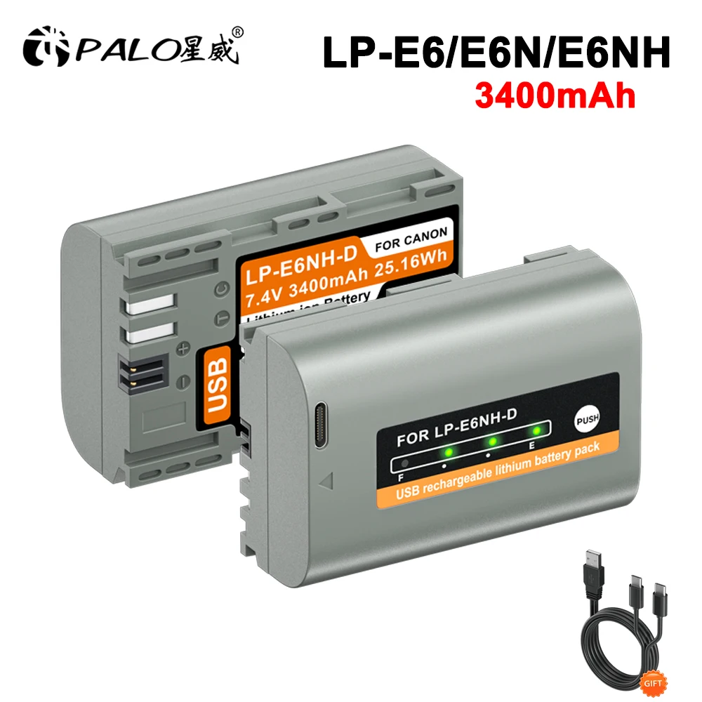 3400mAh LP-E6NH LP E6NH LP E6 Battery with USB Input for Canon R7 R5 R6 R 5D IV/III/II 6D II 7D II 60D 6D 6D2 7D 7D2 XC10 XC15