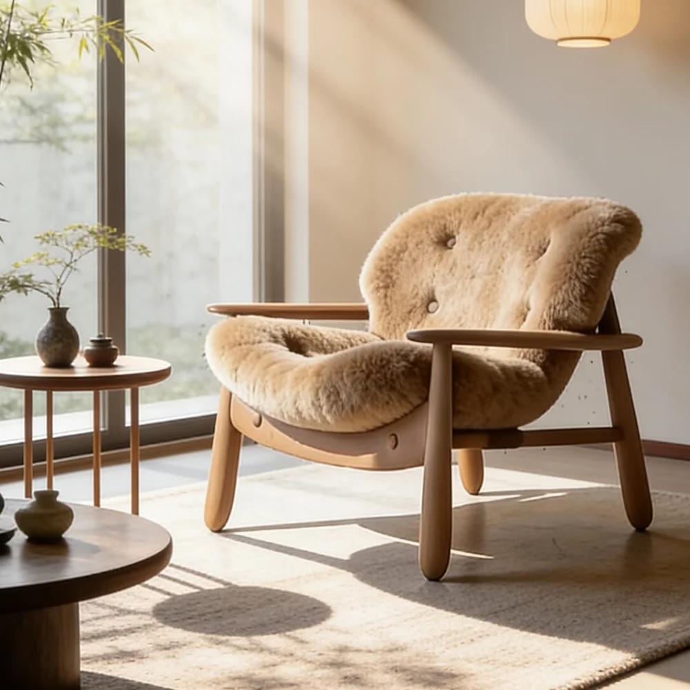 #Armchair Minimalist Teddy Fleece Lazy Club Chair Wood Frame Padded Bedroom Reading Seating Furniture