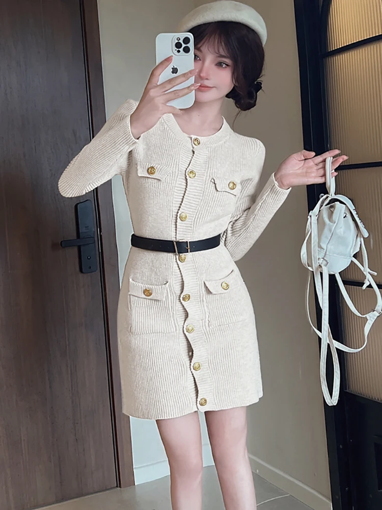 Outono inverno preto de malha único breasted mini vestido feminino elegante casual bandage vestido 2025 moda coreana chique vestidos de festa