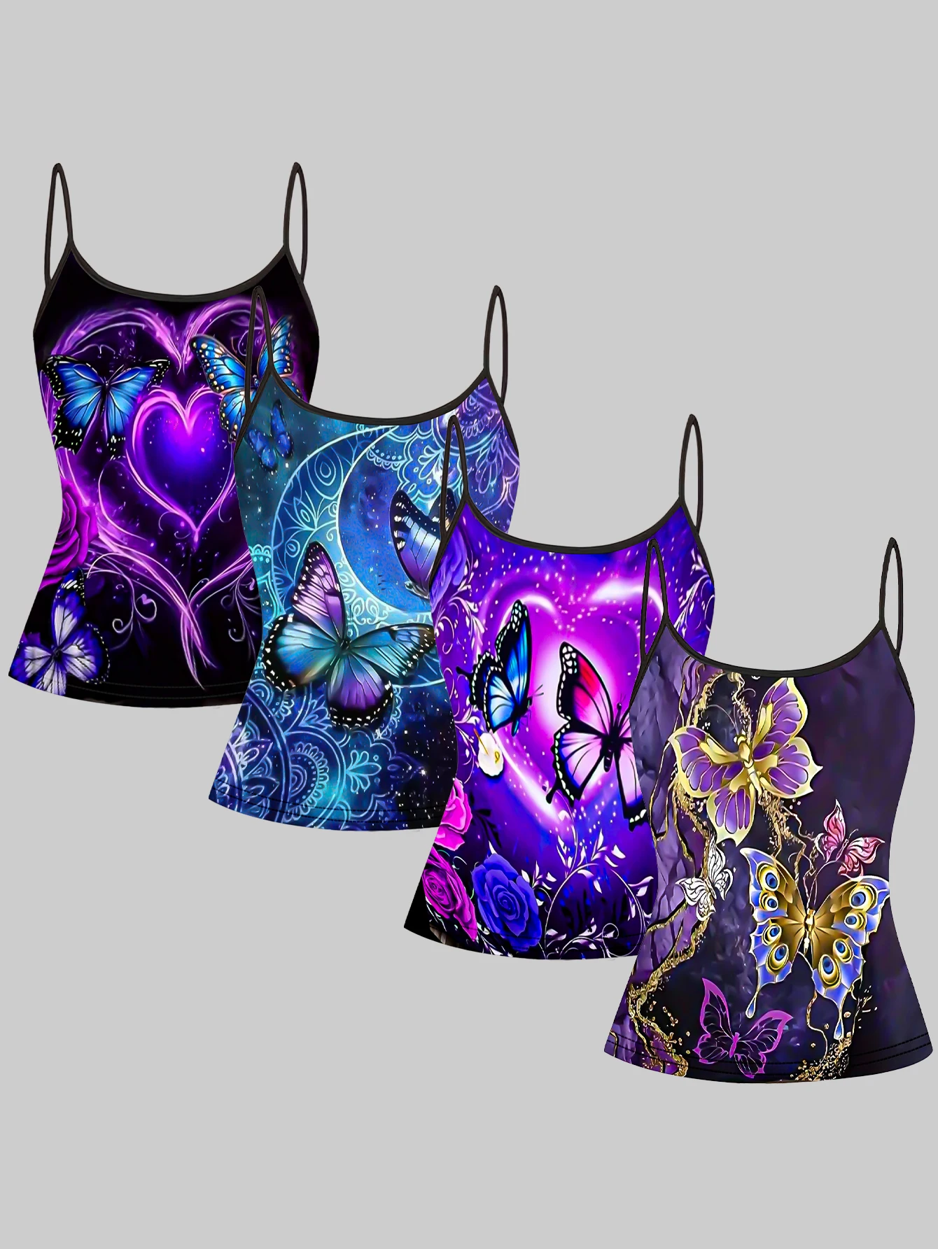 Women's 4-Piece Set of Printed Camisoles with Starry Sky, Moon, Heart, Purple Butterfly, and Rose Patterns, Slim-Fit, Flattering, Suitable for Outerwear or as a Base Layer, Sleeveless Tops