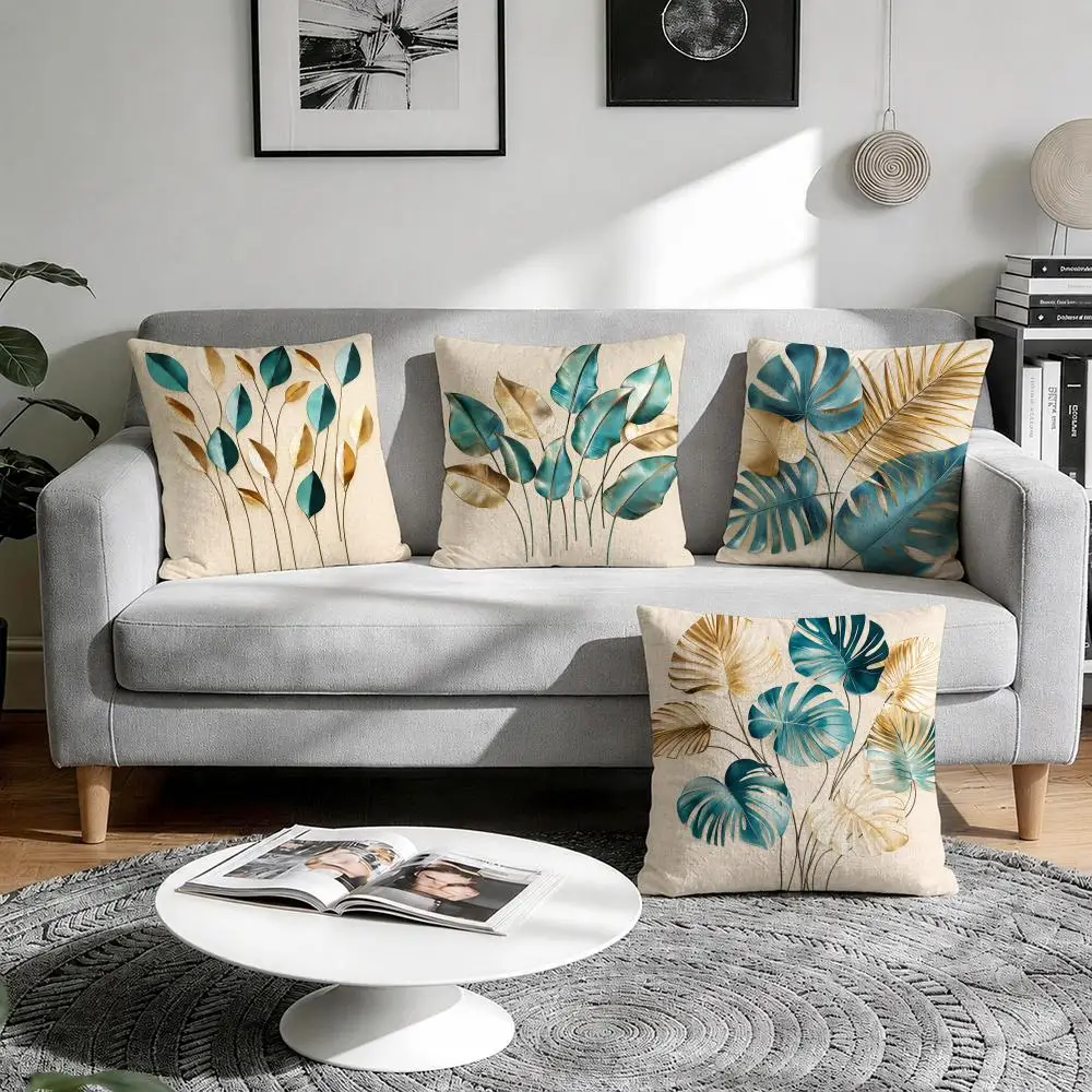 Leaf Patterned Cushion Cover Natural Breathable Durable Linen Printed Decor Pillow Case Sofa Bedroom