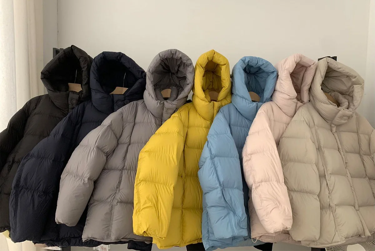 

Loose Fit White Du down Puffer Jaet with Hood Thi Warm Long Sle Dongdaemun Winter Outerwear Commute Sle Korean Version