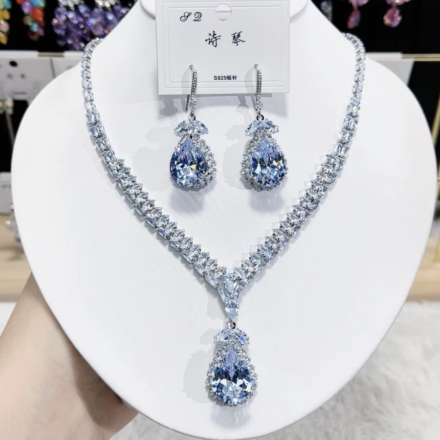 Women Fashion Trend Zircon Luxury Necklace Earrings Blue Drop Set 2025