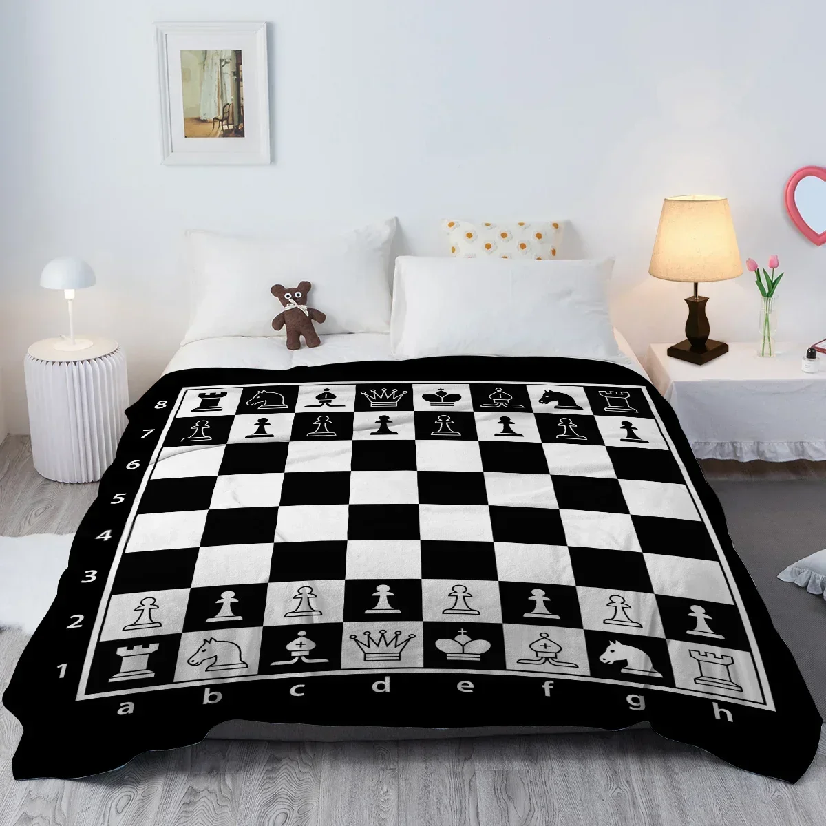 Chess Board Flannel Fleece Throw Blanket Grid Checkered Pattern Warm Lightweight Bed Couch Blanket Black and White