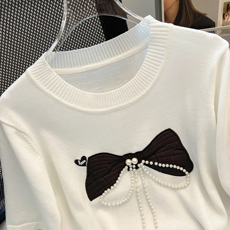 Stylish Fashion Knit Sweater T-shirts Women Bow Embroidery Pearl Beaded Short Sleeve Tees Tops 2024 Summer Elegant Chic Knitwear