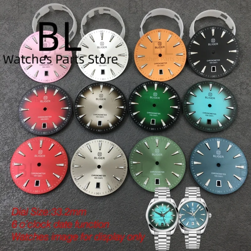 BLIGER 33.2 مللي متر ساعة الطلب 6o'clockSunburst التدرج الأسود المحيط الأزرق الأحمر الهاتفي مضيئة مناسبة ل NH35 ساعة يد تعمل بالحركة ملحق