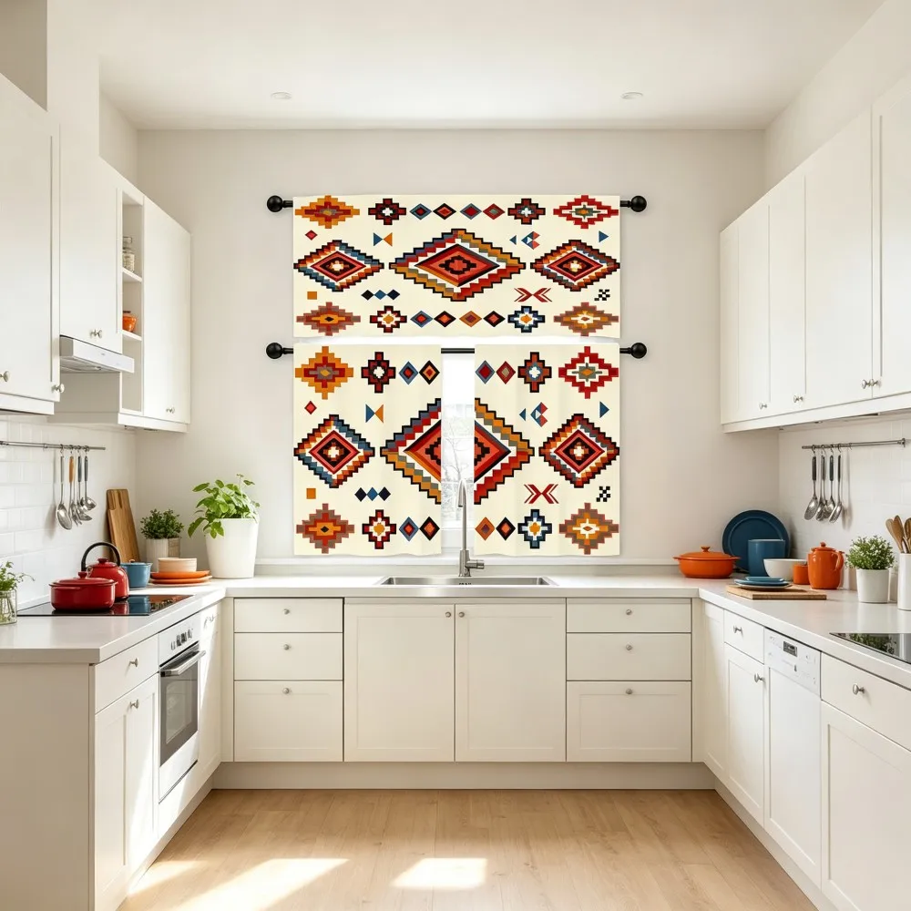 Boho Kitchen Curtains, Aztec Geometric Diamond Colorful, Digital Print, Kitchen Dining Room, Rod Pocket Polyester, Home Decor