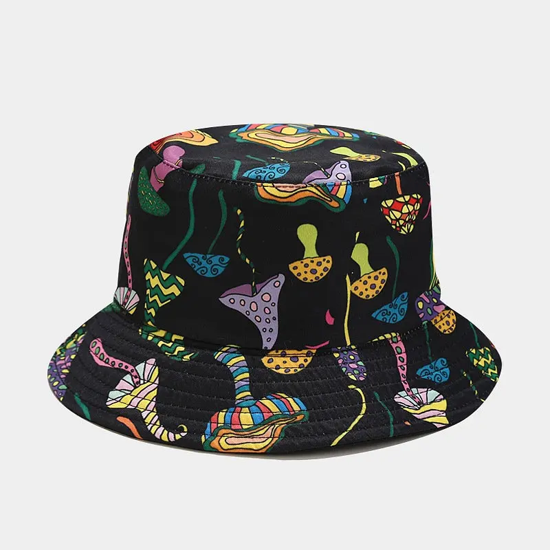 2022 Cotton Cartoon Mushroom Print Bucket Hat Fisherman Hat Outdoor Travel Sun Cap For Men And Women 02