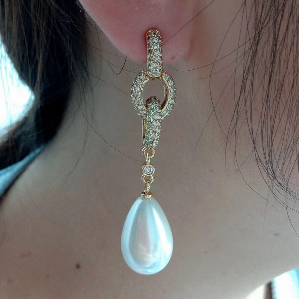 Y·YING Teardrop White Sea Shell Pearl Cz Pave Post Dangle Earrings