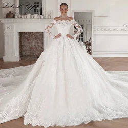 Lceland Poppy Customized Ball Gown Boat Neck Lace Appliques Wedding Dresses Full Sleeves Bridal Gowns with Cathedral Train