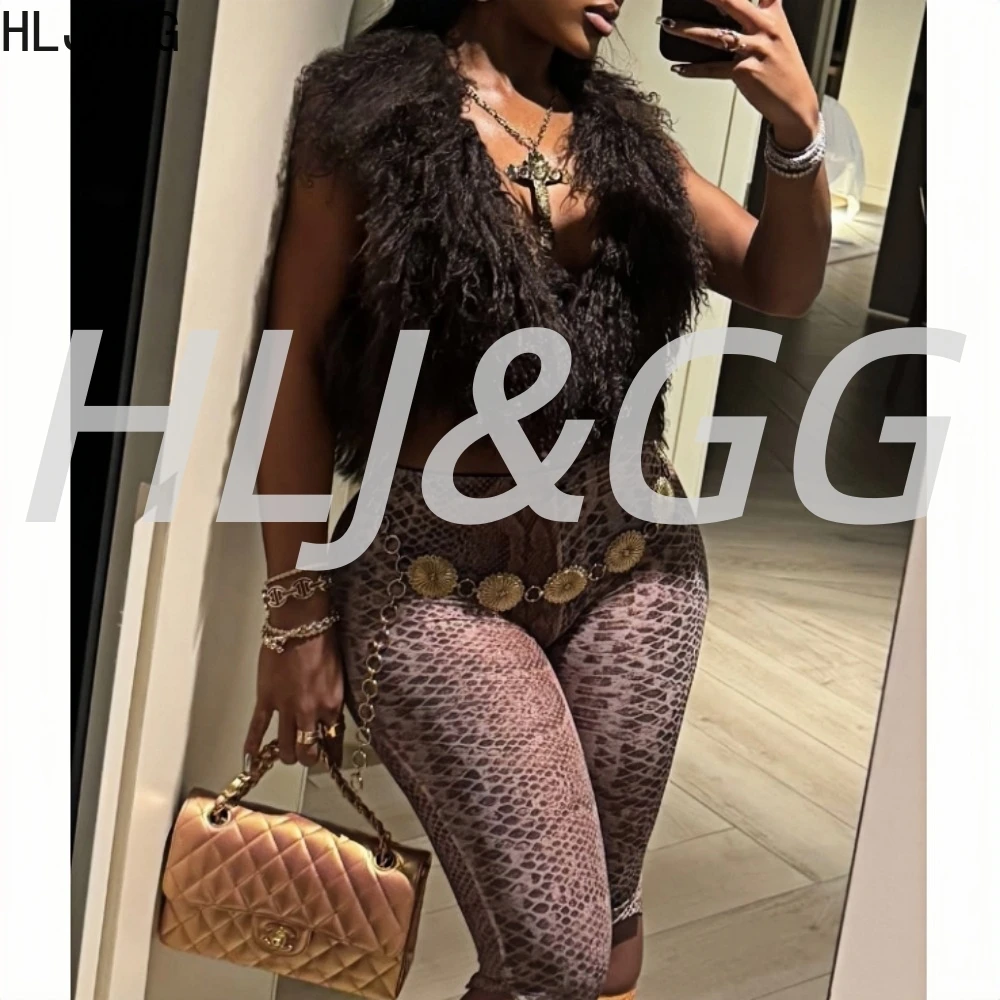 HLJ&GG ファッション ファー ホルターネック レースアップ ホロー ツーピースセット レディース バックレス クロップトップ スネークプリント ショートパンツ セットアップ Y2K ストリートウェア