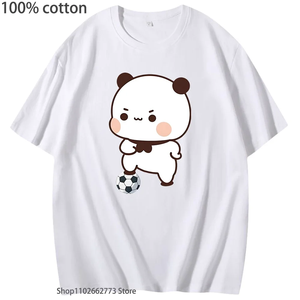 Cute Bubu Is Playing Soccer T-Shirts Kawaii Cute Panda Bear Graphic Shirts Women T Shirt Men 100% Cotton Summer Casual Tees Tops