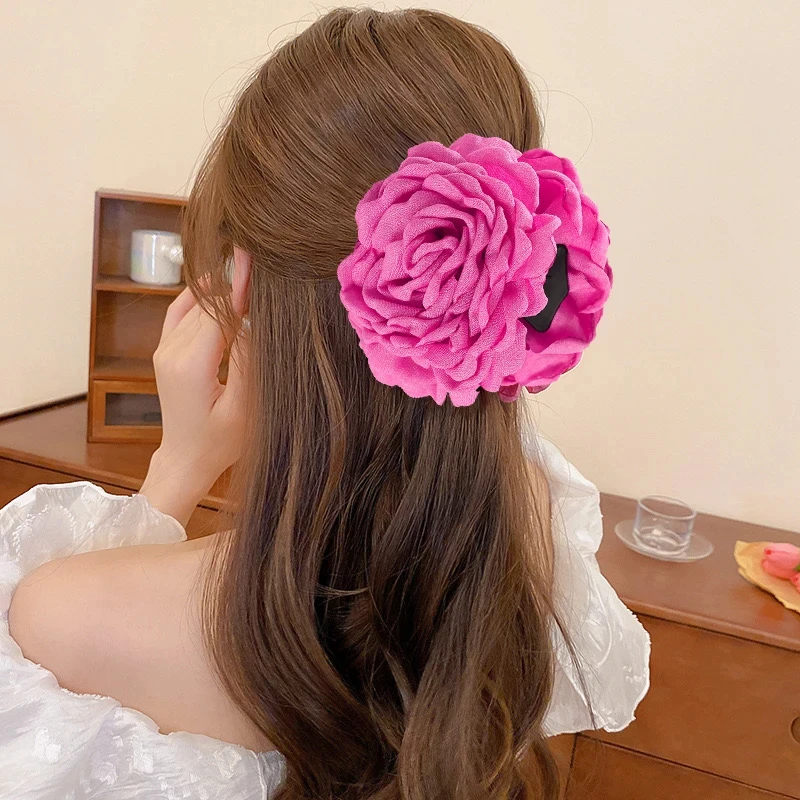 Three-dimensional Rose Flower Hair Claw Handmade Fabric Flowers Grab Hair Clip Sweet Shark Clip Hair Accessories for Women