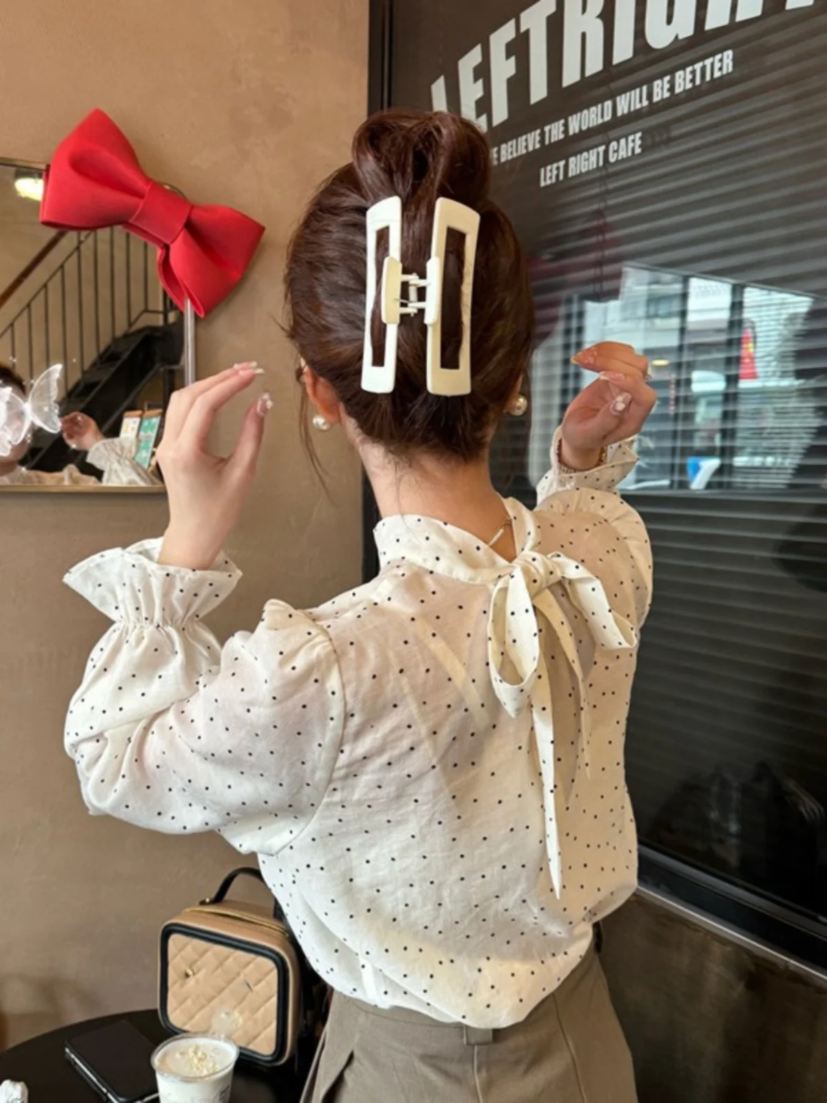 

Chic Retro Romantic Polka Dot Stand Collar Tied Waist Long Sve Women's irt Korean Sle Loose Fit Flared Sve Blouse