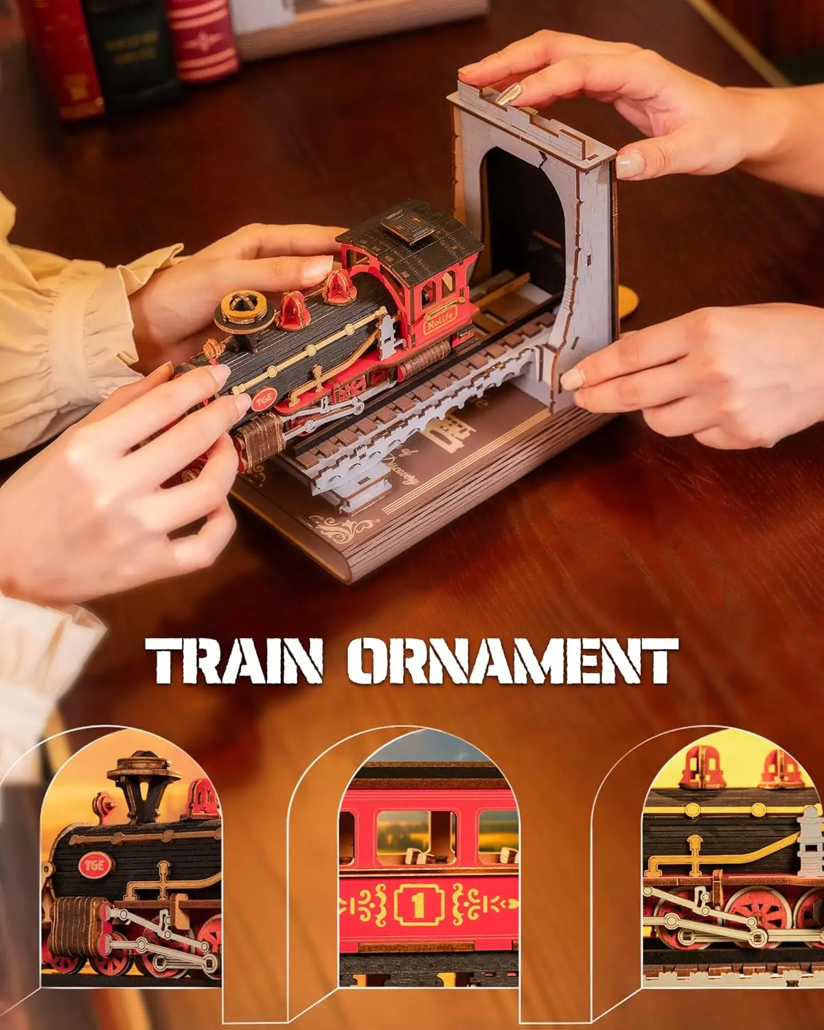 Robotime Rolife Wooden Vintage Train kit 3D Puzzles DIY Book Nook Kit Decorative Bookends 6.5" for Adults Gifts for Boys Girls