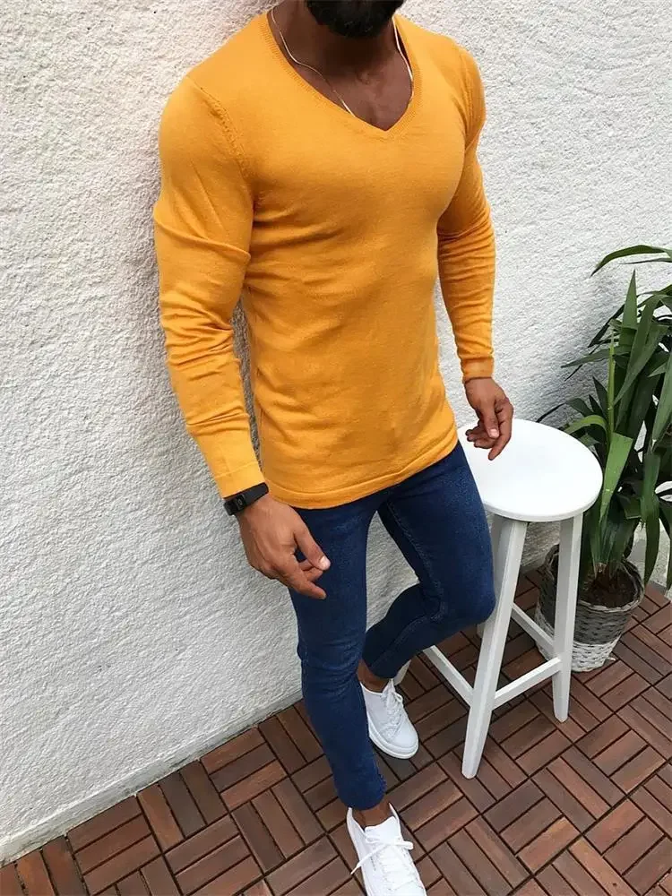 

Men's Sweater Spring and Autumn New Solid Color Slim V-Neck Neutral Casual Large Size Sweater