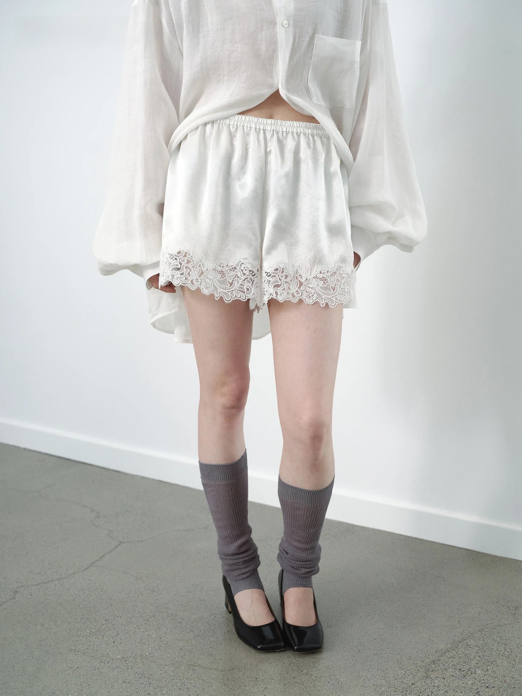 VERMO Summer Lace Patchwork Acetate Satin Texture Pleated Shorts Bottoming Casual Pants Straight Leg Natural Waist Elastic Waist