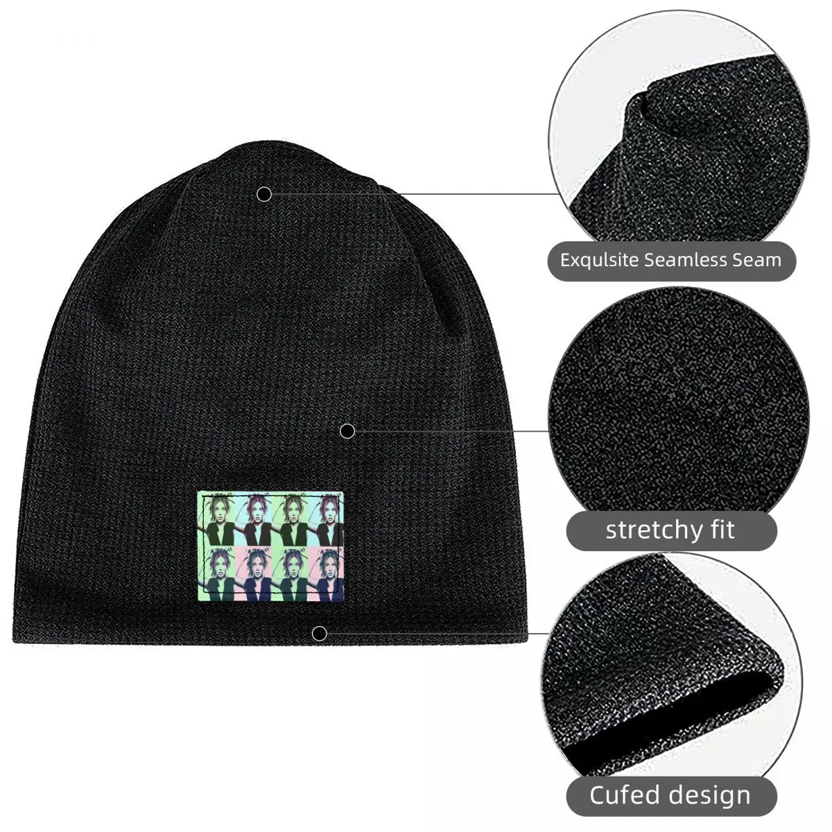 Millie Bobby Brown Pop Art Waffle Knit Fleece Lined Beanie with PU Leather Patch Unisex Warm Winter Soft Cap