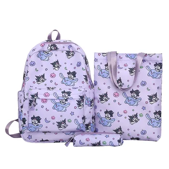 Lindo conjunto de mochila Cinnamoroll Hello Kitty Sanrio de 3 piezas, bolso de hombro Kuromi, mochila informal al aire libre con bolsa para lápices