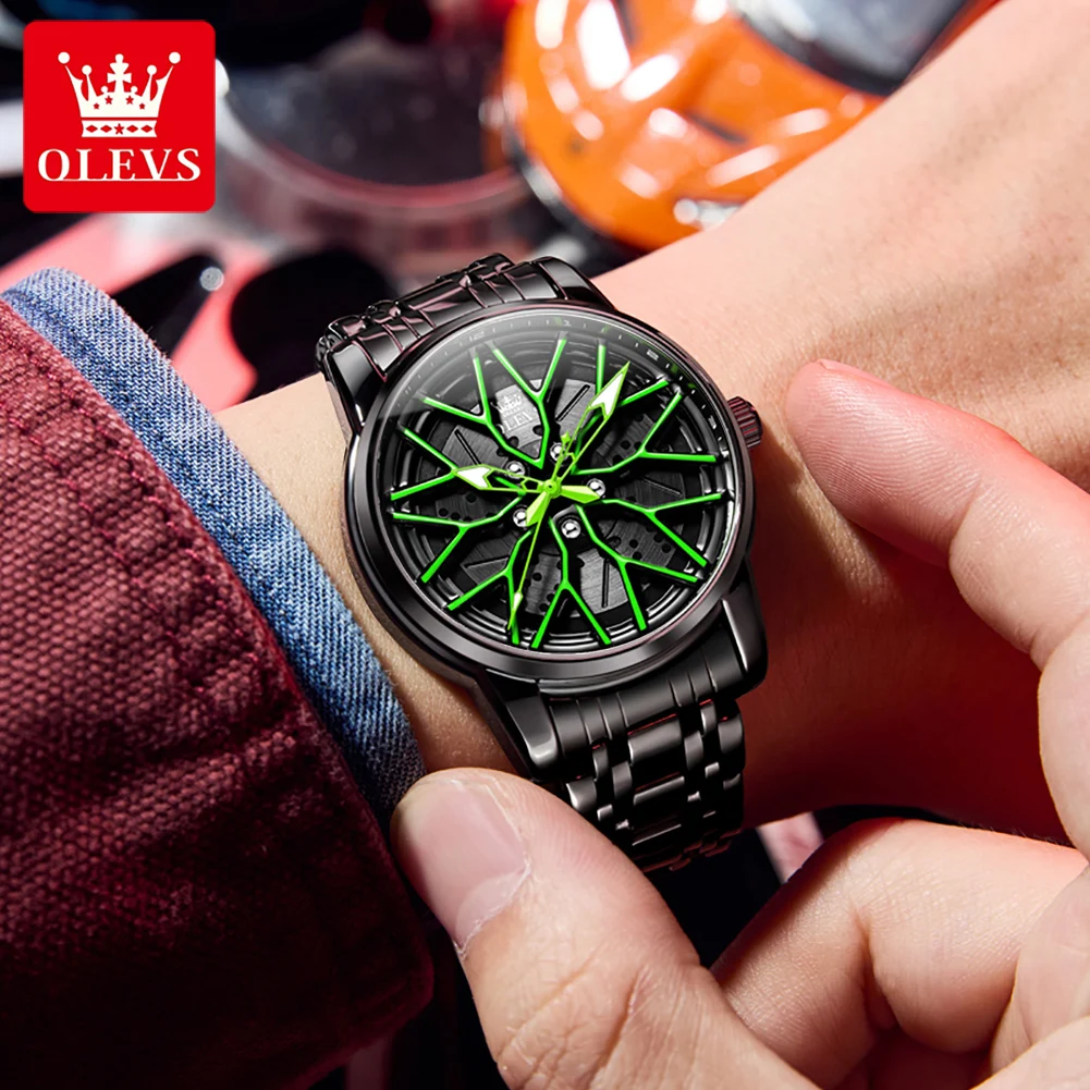 OLEVS 3701 Quartz Watch Men Skeleton Rotatable Wheel Hub Dial Waterproof Luminous Stainless steel Man Wristwatch