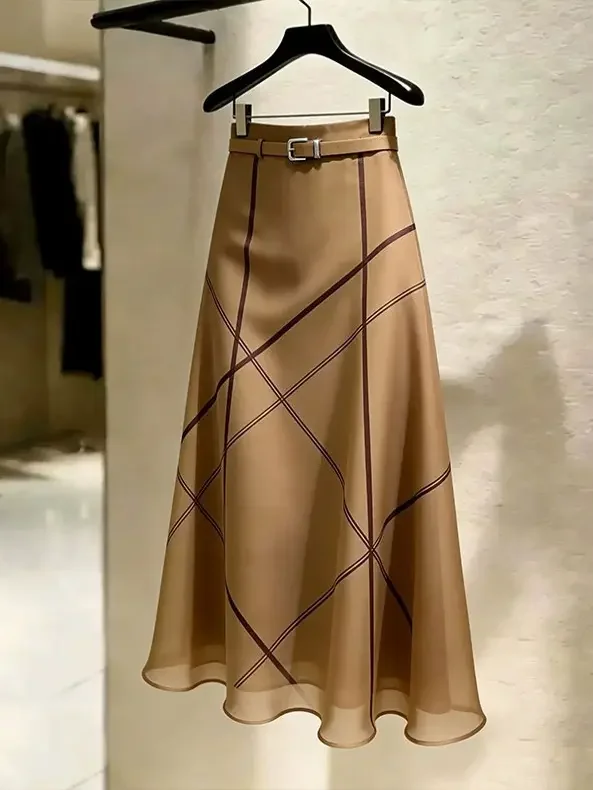 Elegant Office Camel Midi A‑line Skirt Women Geometric Line Print High Waist Flowy Chiffon Swing Skirt Formal Business Bottom