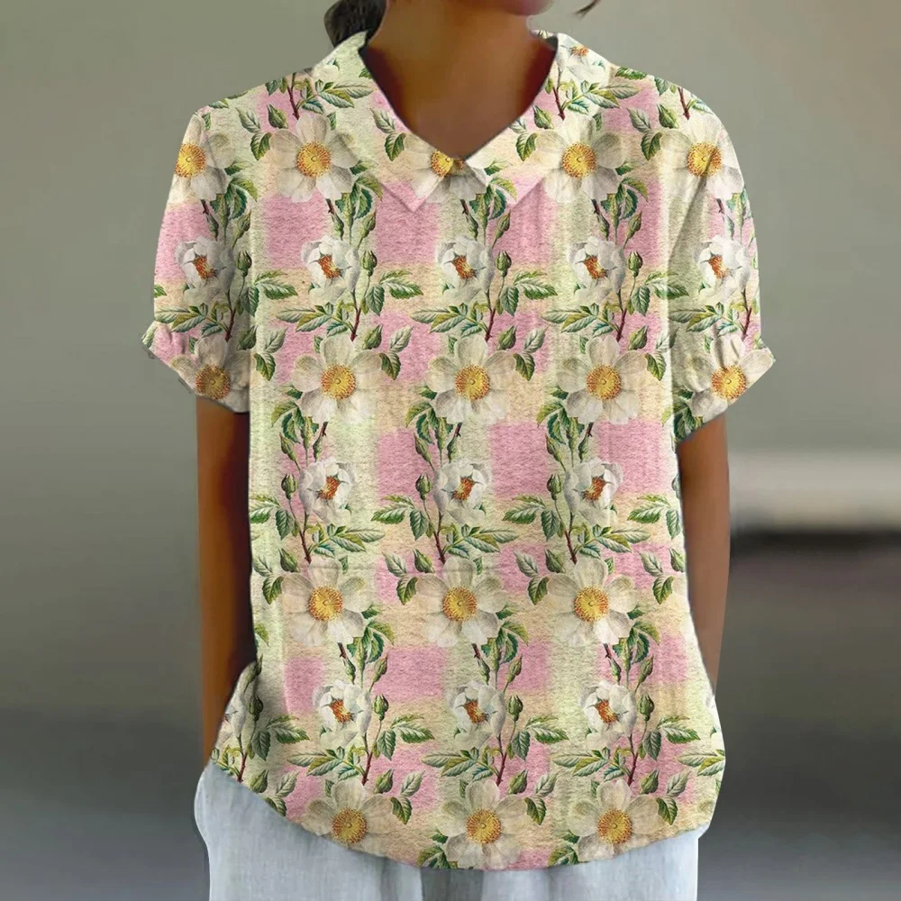 

New Summer Women's Elegant Blouses Floral Pattern T-Shirt Tops Fashion Lapel Short Sleeve Tees Retro Pulovers Women Blouse