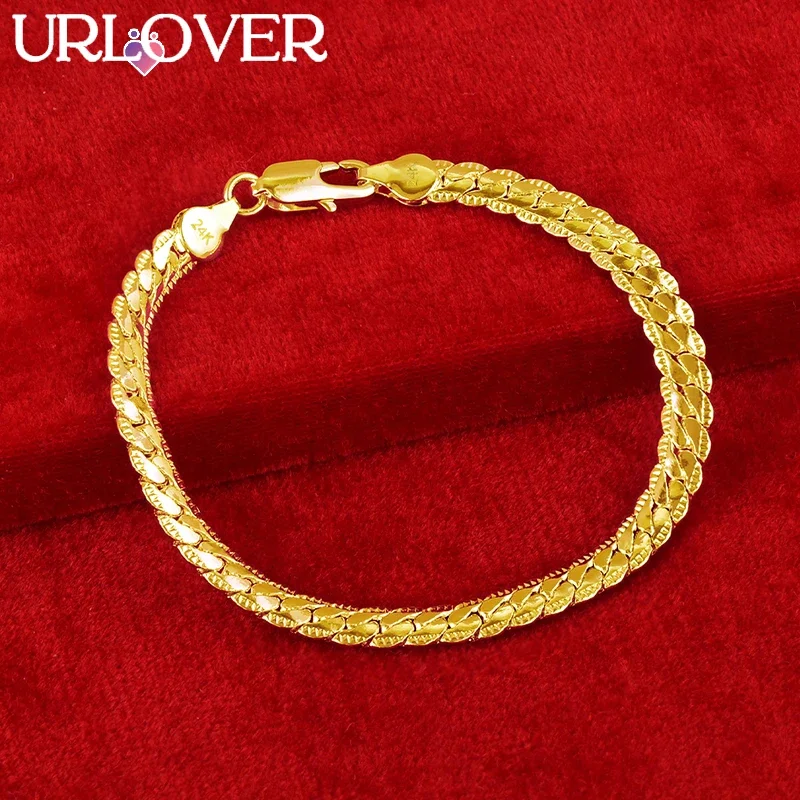 

URLOVER 18K Gold Flat Snake Bracelet Woman Men Side Bracelets High Quality Party Wedding Engagement Fashion Jewelry Gifts