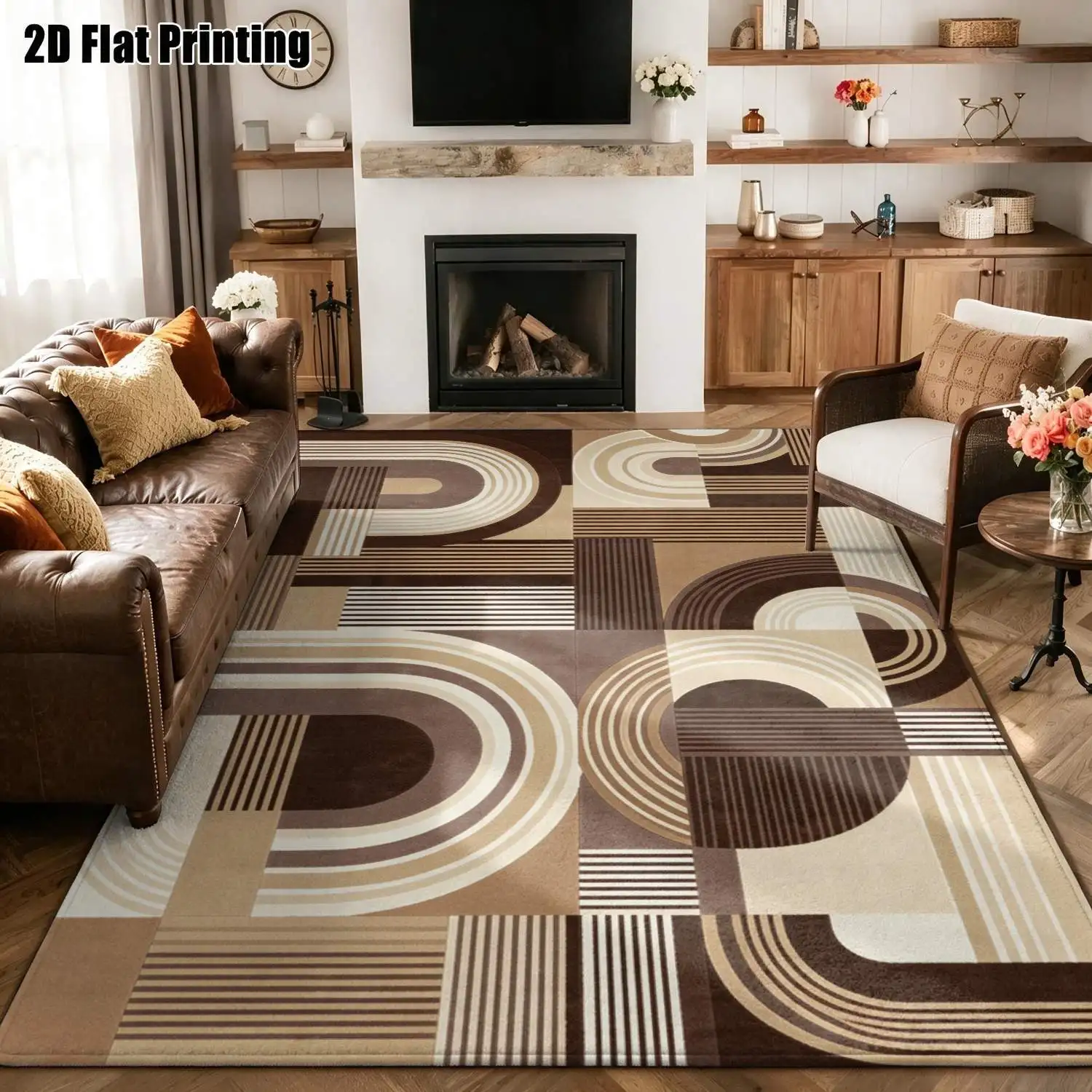 1Pc 2D Printed Retro Brown Khaki Geometric Line Carpet, European/Modern Simple Style, Machine-Washable, Multi-Size, for Entrance, Dining, Bedroom, Living Room Home Decoration