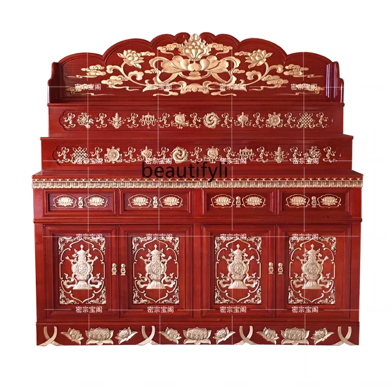 Tibetan gold-painted carved casket vertical cabinet solid wood, three-layer Buddha statue offering table, household cabinet